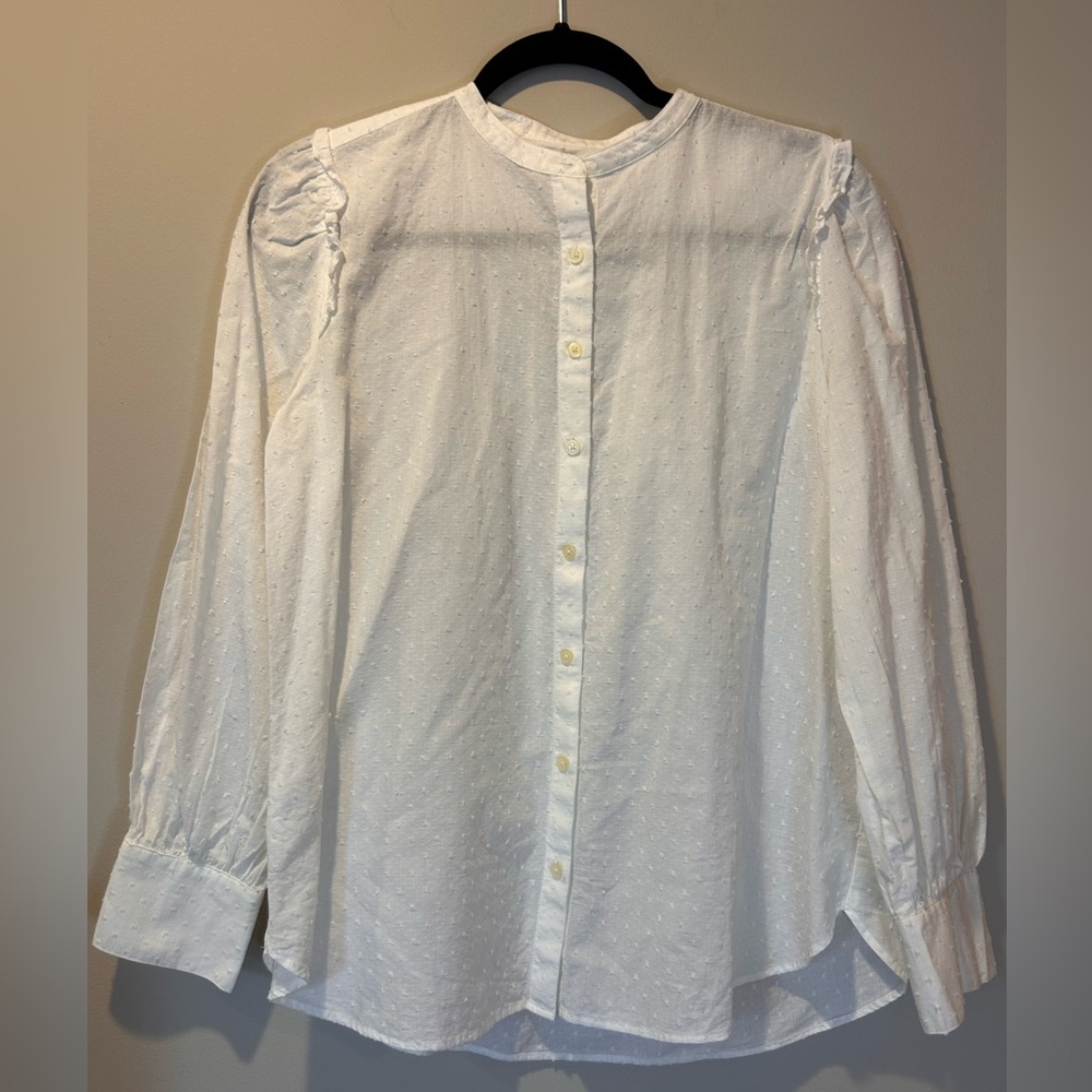 Loft White Semi Sheer Textured Ruffle Long Sleeve Button Up Cotton Medium Shirt